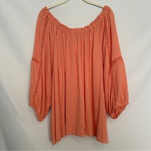 Falls Creek Elastic Neckline Coral Long Sleeve Shirt with Lace Cut out Detail‎